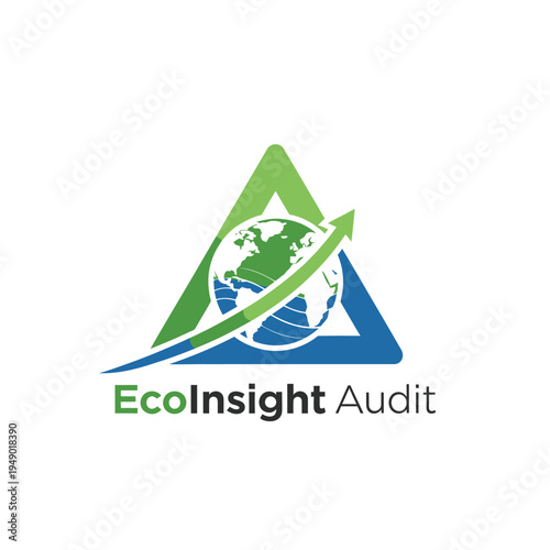Globe earth inside triangle frame with upward growth arrow icon logo for environmental insight and ecological audit services for EcoInsight Audit