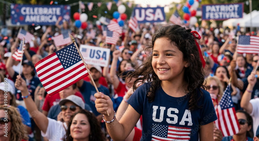 Fototapeta premium Happy Girl Waving American Flag At Street Parade