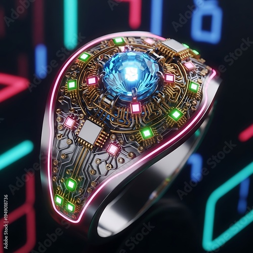Cyberpunk ring with circuit board and neon lights