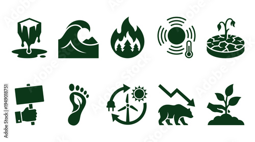 Set of 10 Dark Green Climate Change and Global Warming Vector Icons for Environmental Awareness and Sustainability Campaigns
