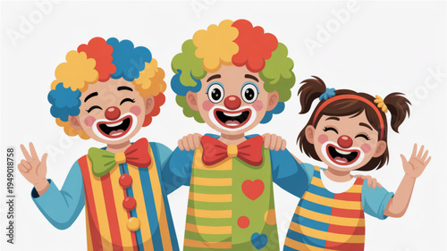 Two clowns and a child wearing colorful costumes and red noses smiling and waving happily together