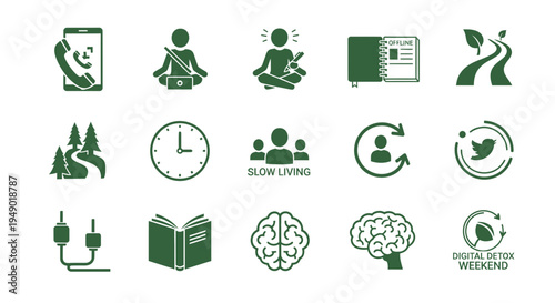 Set of 15 Green Digital Detox and Wellness Vector Icons for Mindful Living, Nature, and Relaxation Concepts