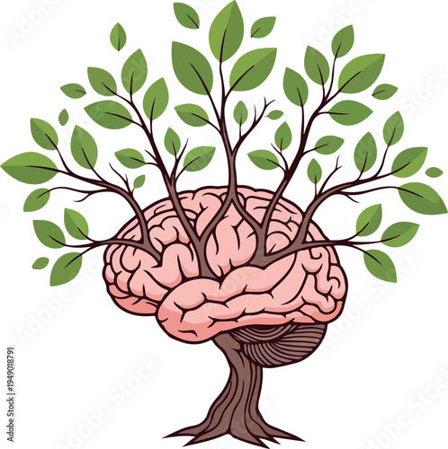 Minimal Vector Human Brain Tree with Branches and Leaves – Knowledge and Creativity Concept