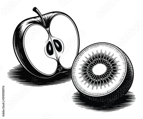 Halved Apple and Kiwi Fruit Vector Illustration