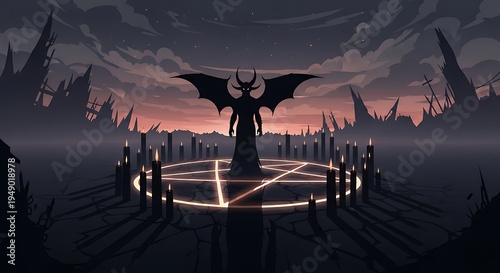 Mysterious Occult Ritual Scene Featuring a Demon Silhouette Surrounded by Candles and a Pentagram Under an Eerie Sky