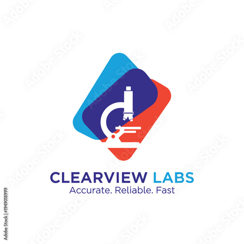 Modern microscope icon over colorful geometric shapes for clinical diagnostics and professional research lab services logo for Clearview Labs