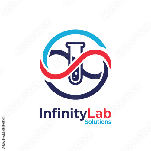 Infinity symbol with test tube icon for medical research and chemical science laboratory branding design logo for InfinityLab Solutions