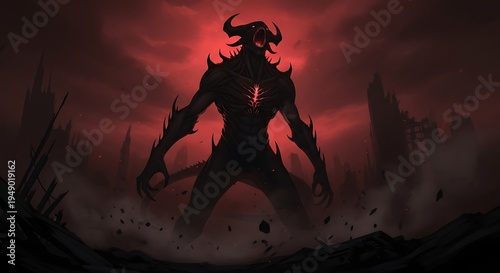 A formidable demon with glowing red eyes and sharp claws stands in a desolate, smoky landscape under a crimson sky, exuding an aura of power and menace, depicted in a dark fantasy illustration
