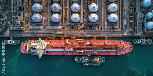 An LNG tanker anchored in the gas terminal storage tanks. An oil and gas bunker vessel in the tanker bay. View from above.