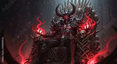 The Demon King Sitting On A Throne Of Bones, Cloaked In Darkness And Surrounded By Flames