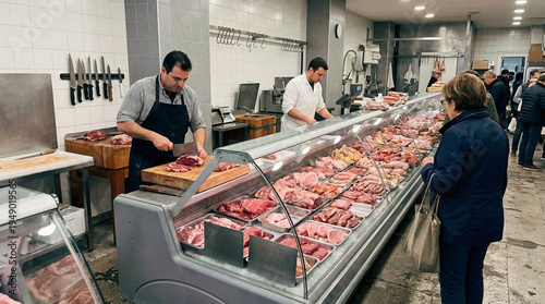 Butcher cutting fresh meat at display counter in marketplace. Customers buying raw food product indoors. Professional worker in apron preparing pork and beef for sale in small shop.