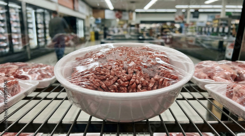 Raw ground beef in plastic package on supermarket shelf. Processed meat tray in grocery store display. Fresh ground meat product for culinary cooking. Protein food retail concept.