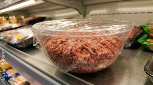 Raw ground meat packaged in plastic bowl on refrigerated shelf of grocery store. Fresh minced beef ready for cooking and sale. Concept of food retail Industry and culinary preparation.