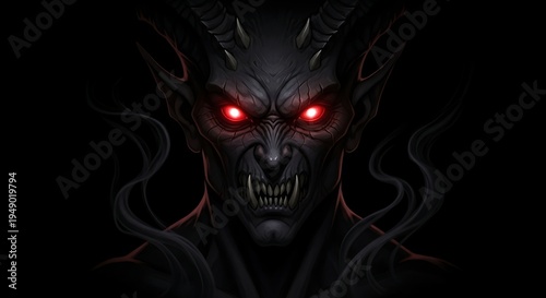 A terrifying supernatural demon with piercing red eyes and sharp fangs emerges from the inky darkness, embodying fear and ancient evil in a sinister fantasy illustration