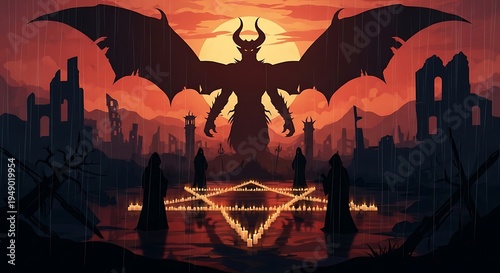 Demonic figure with wings silhouetted against a fiery sunset over a desolate, ruined landscape with a pentagram in the foreground