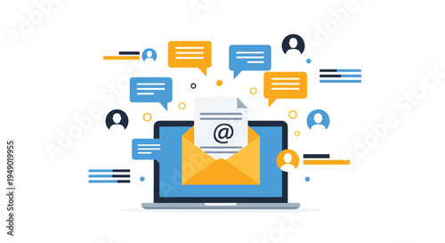 Email marketing and digital communication concept featuring a laptop screen with messages and contact icons for business.