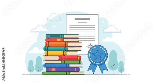 Academic achievement and professional certification concept with a stack of colorful books and a signed official diploma.