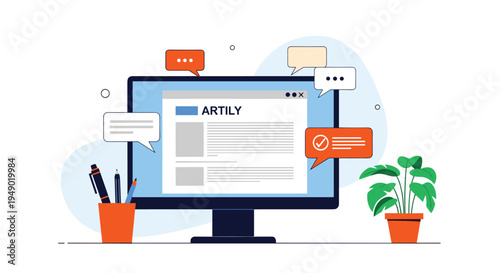 Content creation and digital blogging concept showing a computer screen with an article layout and writing tools nearby.