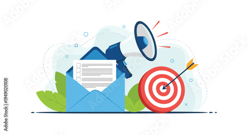 Email marketing and targeted advertising campaign concept with a message envelope, megaphone, and a bullseye target.
