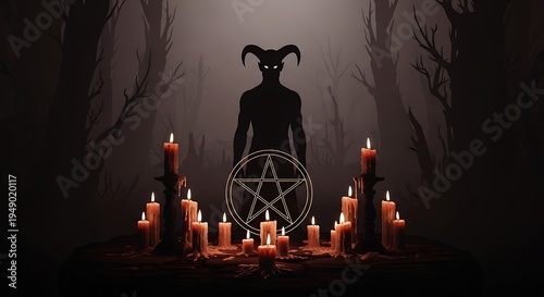 Mysterious dark ritual with a horned silhouette, a glowing pentagram, and flickering candles, set in an eerie forest, evoking ancient mystical practices