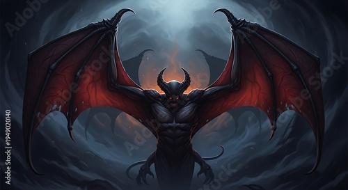 A fearsome demon with large red wings outstretched against a smoky, dark background, embodying a dark fantasy creature