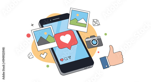Social media engagement on a smartphone featuring photo uploads, camera, likes, and thumbs up icons for digital networking.