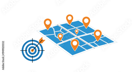 Geolocation target marketing and local business strategy concept with digital map pins and a bullseye target icon.