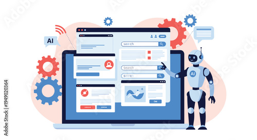 Artificial intelligence search engine and task automation concept featuring a robot interacting with a laptop computer.