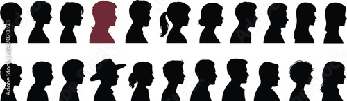 Assortment of Human Head Silhouettes in Profile with a Red Highlighted Figure untitled illustration