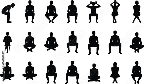 Collection of Black Silhouettes of People in Various Sitting and Squatting Poses on White Background Keywords: silhouette collection, people sitting, squatting poses, yoga poses