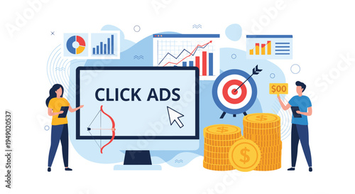 Pay per click advertising and online marketing strategy concept showing people tracking digital ad performance results.