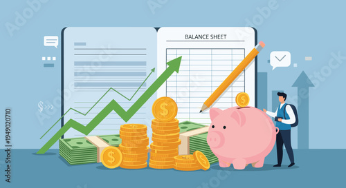 Financial accounting and balance sheet report concept with a pink piggy bank, stacks of coins, and a growth graph.