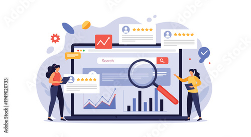 User research and customer data analysis concept featuring professional people checking profiles and charts on a laptop.
