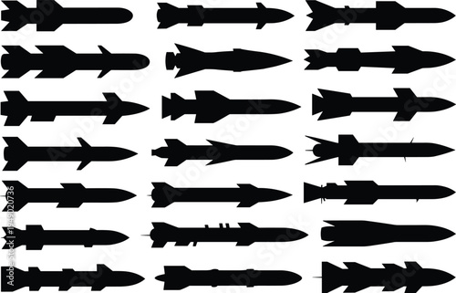 Grid of Black Silhouettes of Various Missiles and Bombs on a White Background weapon projectile