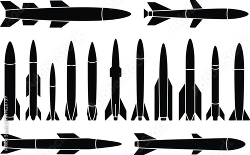 Group of Black Silhouettes of Missiles and Rockets Featuring Diverse Aerodynamic Designs on a White Background