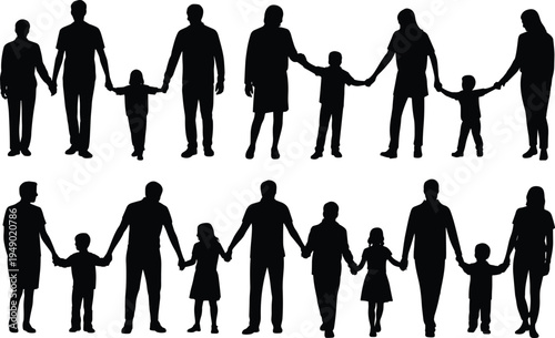 Silhouettes of Families Holding Hands in Two Rows on White Background Keywords: family silhouettes, holding hands, parents and children, father, mother, son, daughter, togetherness, unity