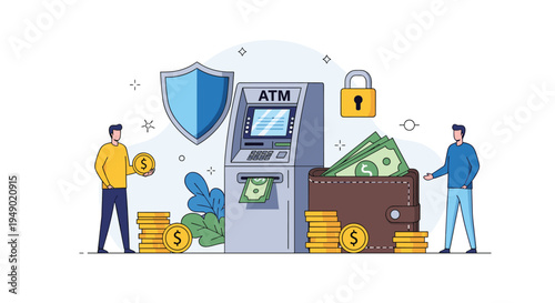 Modern automated teller machine concept with characters, wallet, money, and security symbols for banking services.