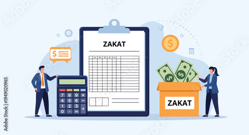 People calculating and giving zakat with clipboard, calculator, and donation box full of money for Islamic charity.