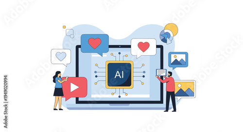 Artificial intelligence in social media marketing concept showing laptop screen with AI chip and engagement icons.