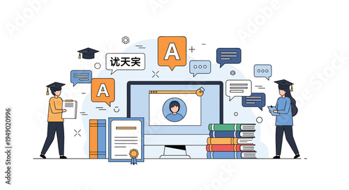 Online education and translation services concept with students, computer, speech bubbles, and academic books.