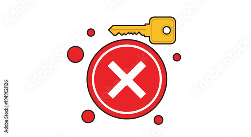 Access denied or security error concept showing red cross circle with golden key icon for computer system failure.