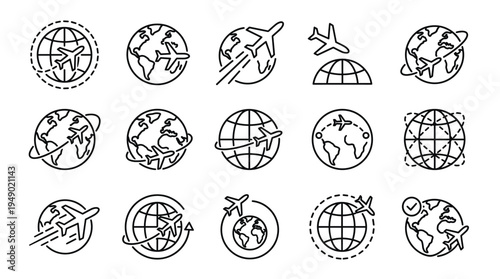 Airplanes flying around the globe, travel symbols depicting flight routes and tourism destinations on a clean white background for navigation utility