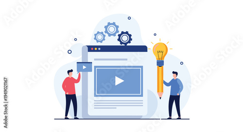 Online video creation and creative content ideas concept with people, website, yellow lightbulb, and gear icons.