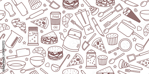 Hand-drawn doodle pattern of kitchen tools and fast foods. Kitchen utensils and fast food doodle pattern background. Seamless kitchenware with fast foods in doodle style. 
