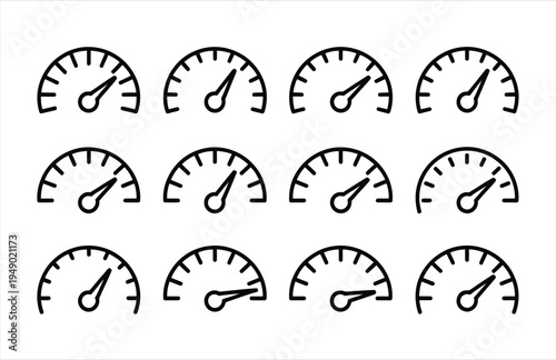 Set of speedometer icons showing different levels