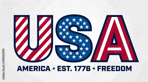 Bold stylized text displaying the acronym USA incorporates the American flag design elements against a light background.