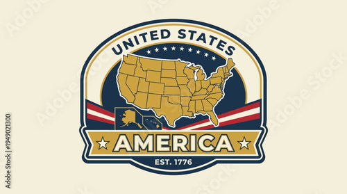 Vintage style patch features a golden map of the United States inside a dark frame with banners proclaiming "United States America Est. 1776" on a cream backdrop.