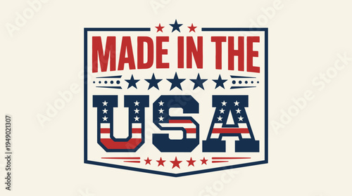 Stylized emblem prominently displays Made in the USA text incorporating stars and stripes motif for product certification.