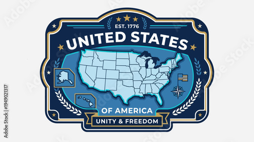 Stylized emblem showcases a light blue map of the United States including Alaska and Hawaii within an ornate dark blue border proclaiming unity and freedom.