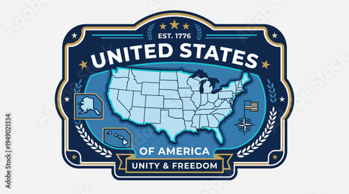 United States of America map patch design highlights state borders with a compass rose and founding year on a dark blue background.